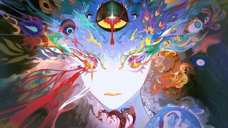 Prismatic Dreamface with Surreal Eyes and Flowing Cosmic Ink wallpaper