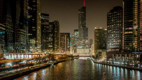 Chicago Riverwalk Night Skyline Reflections in Downtown Glow wallpaper