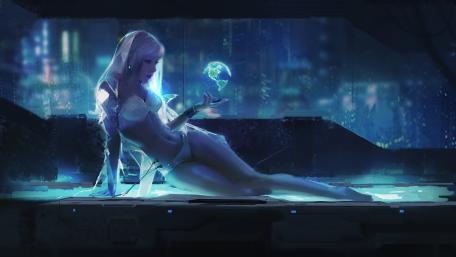 Ethereal Holographic Sorceress Cradling a Digital World in Neon Night wallpaper