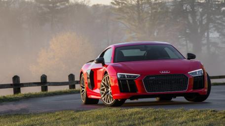 Crimson Audi R8 V10 in Misty Morning Roadside Glow wallpaper