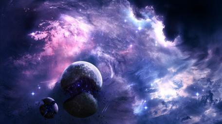 Purple Nebula Dreamscape with Twin Planets and Starlit Depths wallpaper