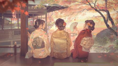 Autumn Serenity with Geisha Friends in Traditional Kimono Anime Style wallpaper