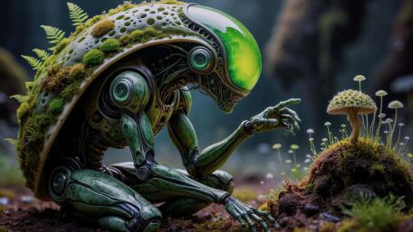 Moss Armored Alien Explorer Among Bioluminescent Forest Mushrooms wallpaper