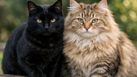 Twin Feline Companions Black Cat and Fluffy Tabby Portrait wallpaper