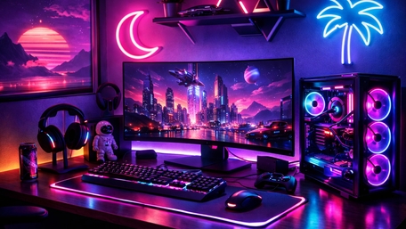 Neon Retrowave Gamer Desk With Cyber City Horizon wallpaper