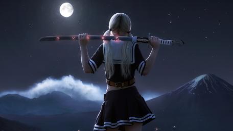 Moonlit Katana Schoolgirl Under Starry Anime Night Sky 4K wallpaper