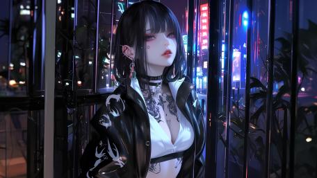 Neon Night Tattooed Anime Girl with Black Hair in 4K wallpaper