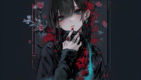Crimson Roses and Blue Eyes Gothic Anime Girl 4K Wallpaper wallpaper