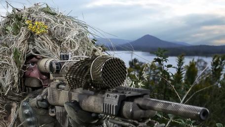 Ghillie Suit Sniper Overwatch by Misty Lake and Mountain Range wallpaper