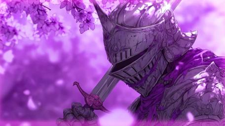 Violet Blossom Knight in Mystic Armor Beneath Enchanted Skies wallpaper