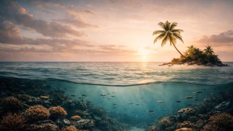 Sunset Split View Over Tropical Islet and Coral Reef Seascape wallpaper