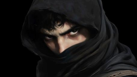 Shadowed Assassin Gaze in Dark Fantasy Digital Painting wallpaper
