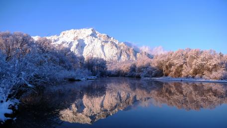 Winter Mirror at Kagami-ike Pond Nagano Under Clear Blue Sky wallpaper
