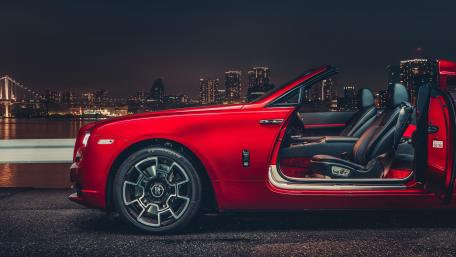 Crimson Rolls Royce Convertible Night Skyline Luxury 8K Wallpaper wallpaper
