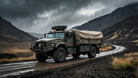 Rugged Military Cargo Truck on Stormy Mountain Road 5K AI Art wallpaper