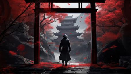 Lone Samurai Beneath the Torii Gate in Crimson Mist wallpaper