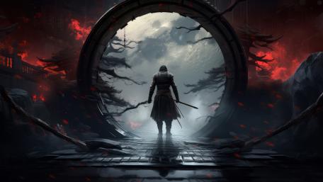 Ronin at the Crimson Portal in Cinematic 5K Anime Style wallpaper