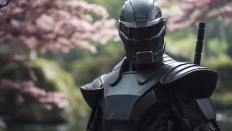 Silent Guardian in Black Armour Beneath Blooming Sakura Skies wallpaper