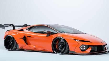 Slammed Orange Lamborghini Huracan Evo on Clean White Studio Background wallpaper