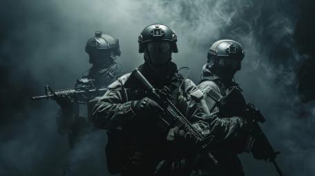 Shadowed Special Forces Team in Tactical Gear Amid Smoke wallpaper
