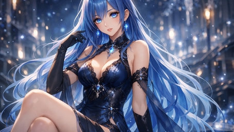Midnight Snowfall Blue Haired Anime Beauty in Sparkling City Lights wallpaper