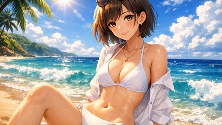 Sunlit Tropical Beach Bikini Anime Girl AI Wallpaper wallpaper
