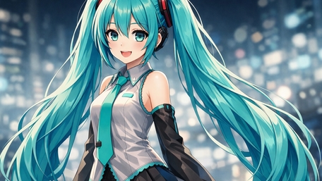Neon Idol with Flowing Twin Tails in Dreamy City Lights wallpaper