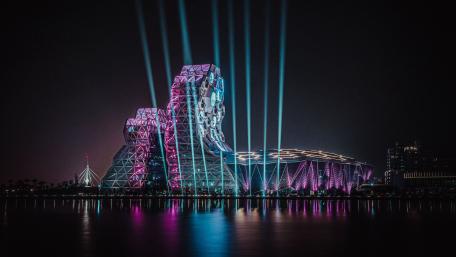 Neon Symphony Over Love River Bay Kaohsiung Music Center at Night wallpaper