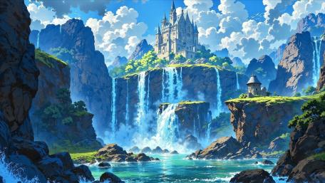 Skyveil Castle Above Twin Waterfalls in a Lush Anime Valley wallpaper
