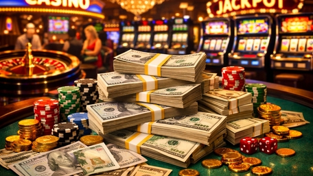 Jackpot Riches Cash Stacks and Chips in a Glowing Casino wallpaper