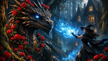 Rose Crowned Dragon and Witchlight Covenant in the Enchanted Woods wallpaper