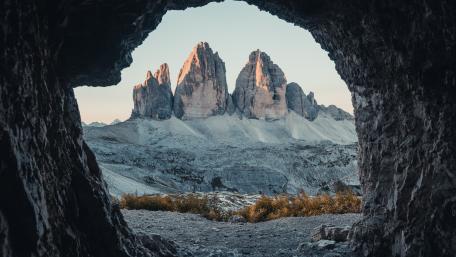 Tre Cime Framed by Grotta delle Tre Cime Cave Viewpoint wallpaper