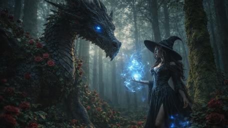 Enchanted Forest Encounter Between Witch and Sapphire Eyed Dragon wallpaper