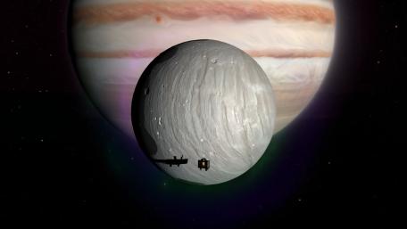 Ganymede Drifting Before Jupiter in Deep Space 5K Wallpaper wallpaper