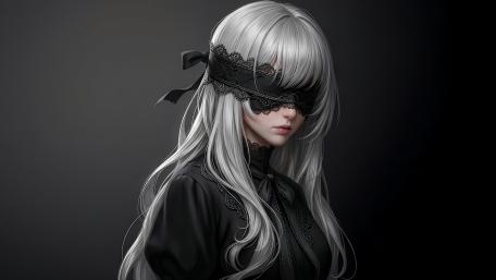 Blindfolded Silver Haired Gothic Anime Girl in Monochrome Elegance wallpaper