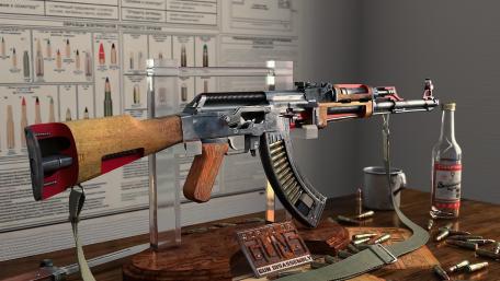 Kalashnikov Rifle on Workshop Table with Scattered Ammunition wallpaper