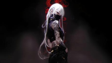 White Haired Masked Gothic Anime Girl With Tattooed Elegance In 4K wallpaper