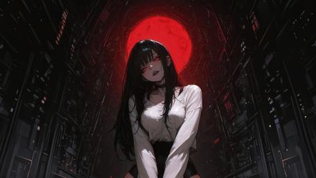 Blood Moon Gaze Dark Anime Girl with Long Black Hair in 4K wallpaper