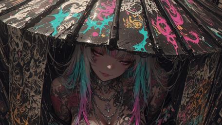Neon Ink Rainfall Under a Splashed Umbrella wallpaper