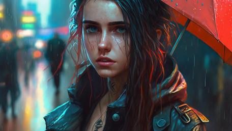 Neon Rain Maiden Under a Scarlet Umbrella wallpaper
