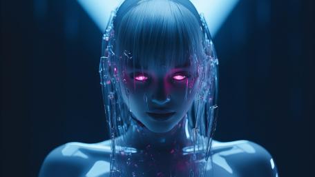 Neon Seraph with Pink Glowing Eyes in Cyberpunk Night wallpaper