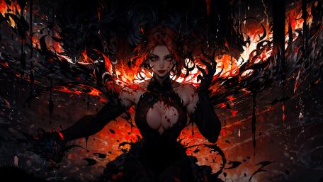 Crimson Inferno Demoness Rising in Shadowed Wings 4K Anime Wallpaper wallpaper