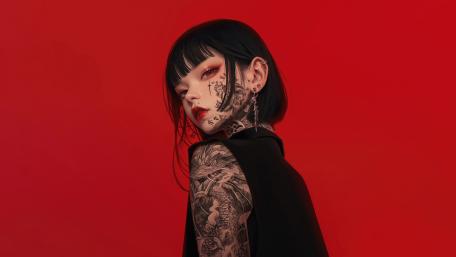 Crimson Noir Gothic Anime Girl With Intricate Tattoos and Sharp Bangs wallpaper