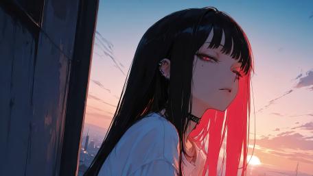 Crimson Sunset Gaze of a Black Haired Anime Girl in 4K wallpaper