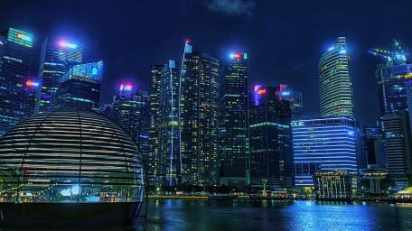 Neon Marina Bay Skyline Over Singapore Waters at Night wallpaper