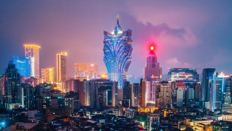 Neon Twilight Over Grand Lisboa Macau Cityscape Skyline wallpaper