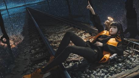 Stargazing on Silent Railway Tracks with a Dreamy Anime Girl wallpaper