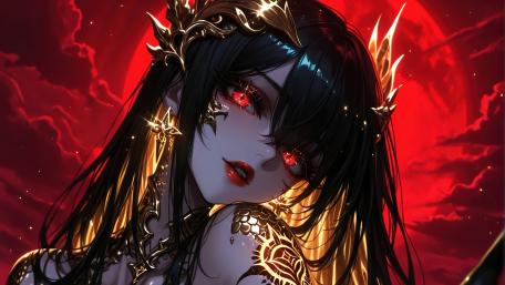 Crimson Gaze Empress with Black Hair in Radiant 4K Anime Art wallpaper