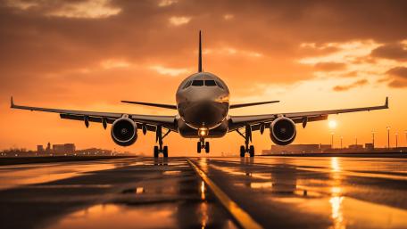 Sunset Runway Takeoff Jet Reflections in Cinematic 5K AI Art wallpaper