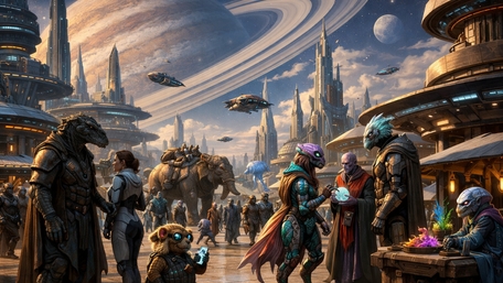 Interstellar Bazaar in a Ringed World Megacity wallpaper